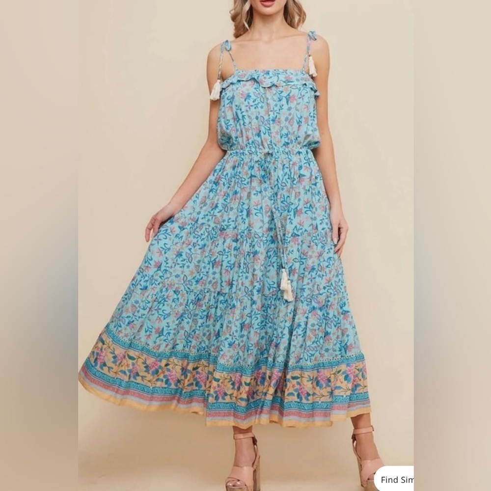Saints & Hearts Maxi Cottagecore‎ Boho Floral Print Blue Sundress Flowy Tassels